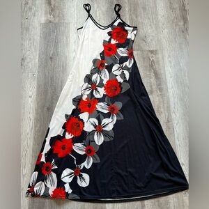 Modily Maxi Dress Dark Floral Black and White Red Accents size L beach resort